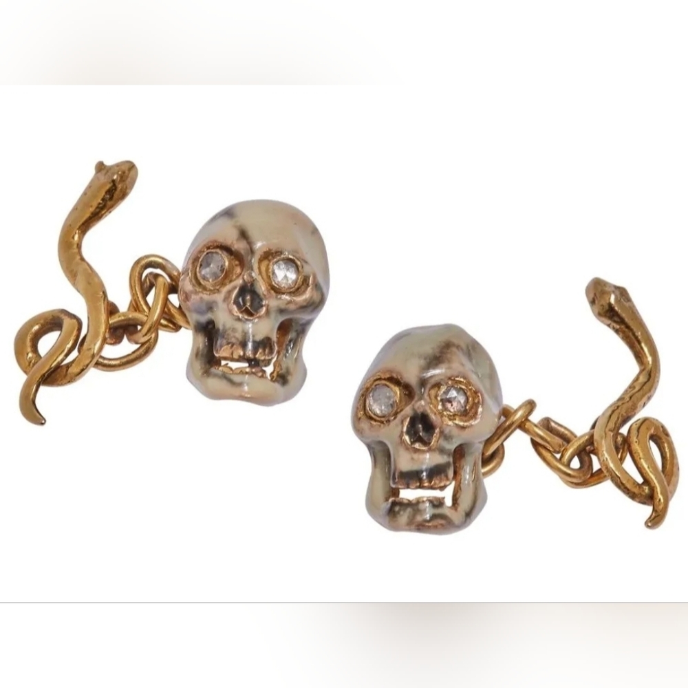 Antique Snake Skull Enamel Diamond Cuff Links 14K Yellow Gold-Estate Jewelry 10g